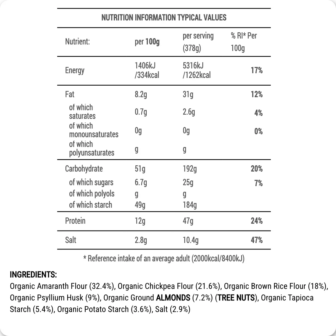 Nutrition information table for a food product with details on energy, fat, carbohydrates, protein, and salt content.