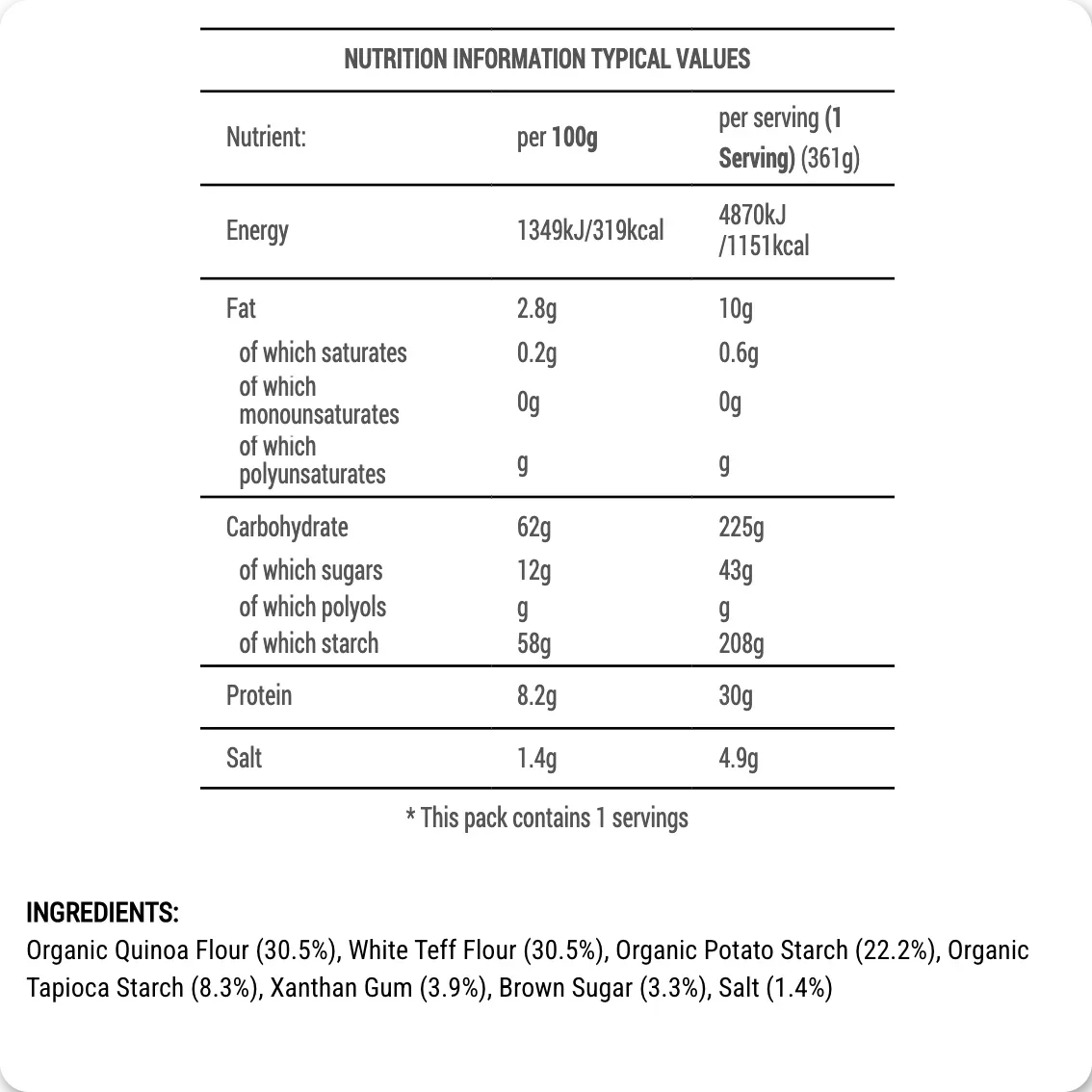 Nutrition information table for a food product with details on energy, fat, carbohydrates, protein, and salt content.