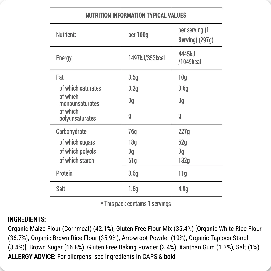 Nutrition information and ingredients list for a food product on a white background