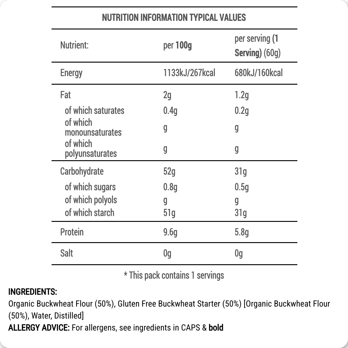 Nutrition information table for a product with details on energy, fat, carbohydrate, protein, and salt content.