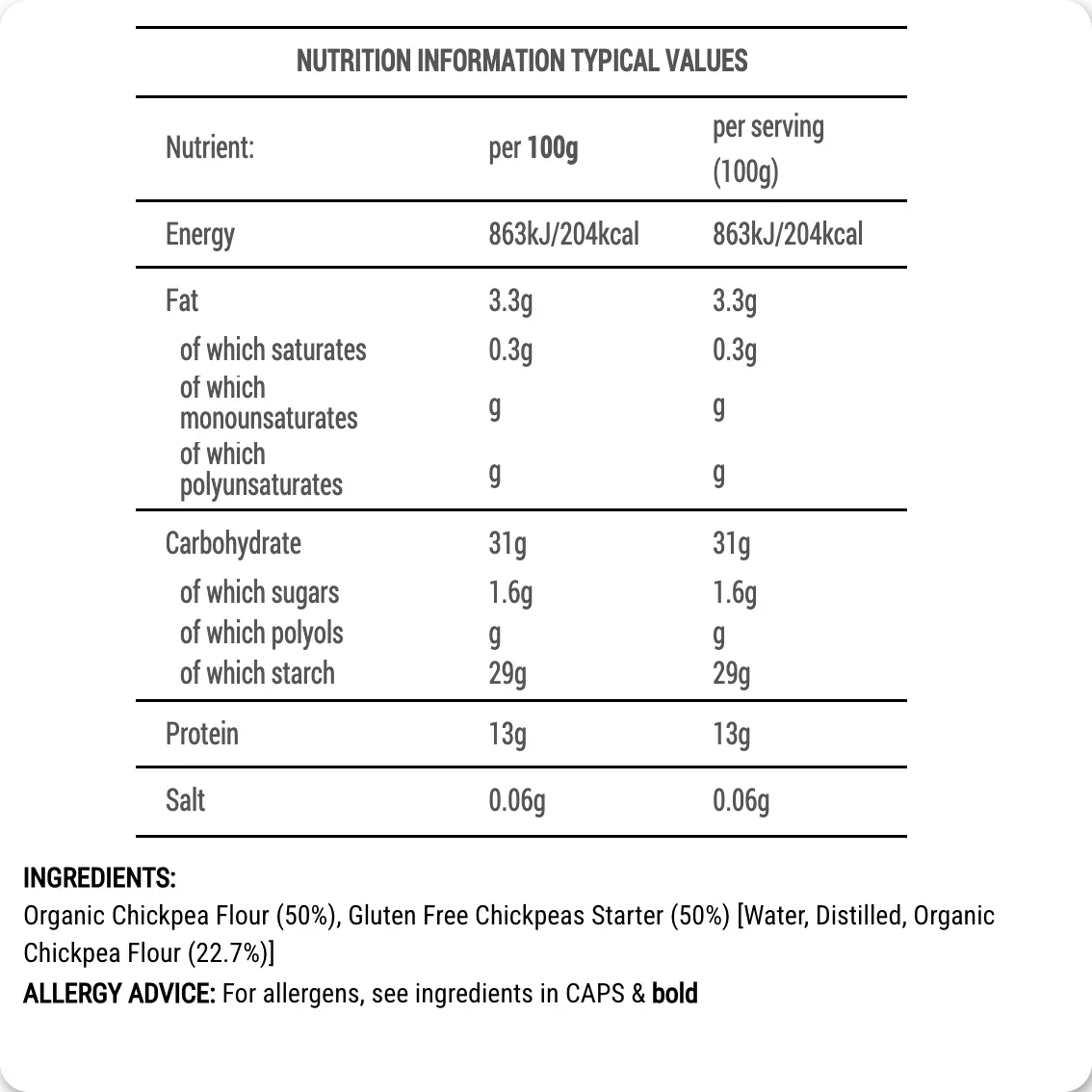Nutrition information table for a food product with details on energy, fat, carbohydrate, protein, and salt content.
