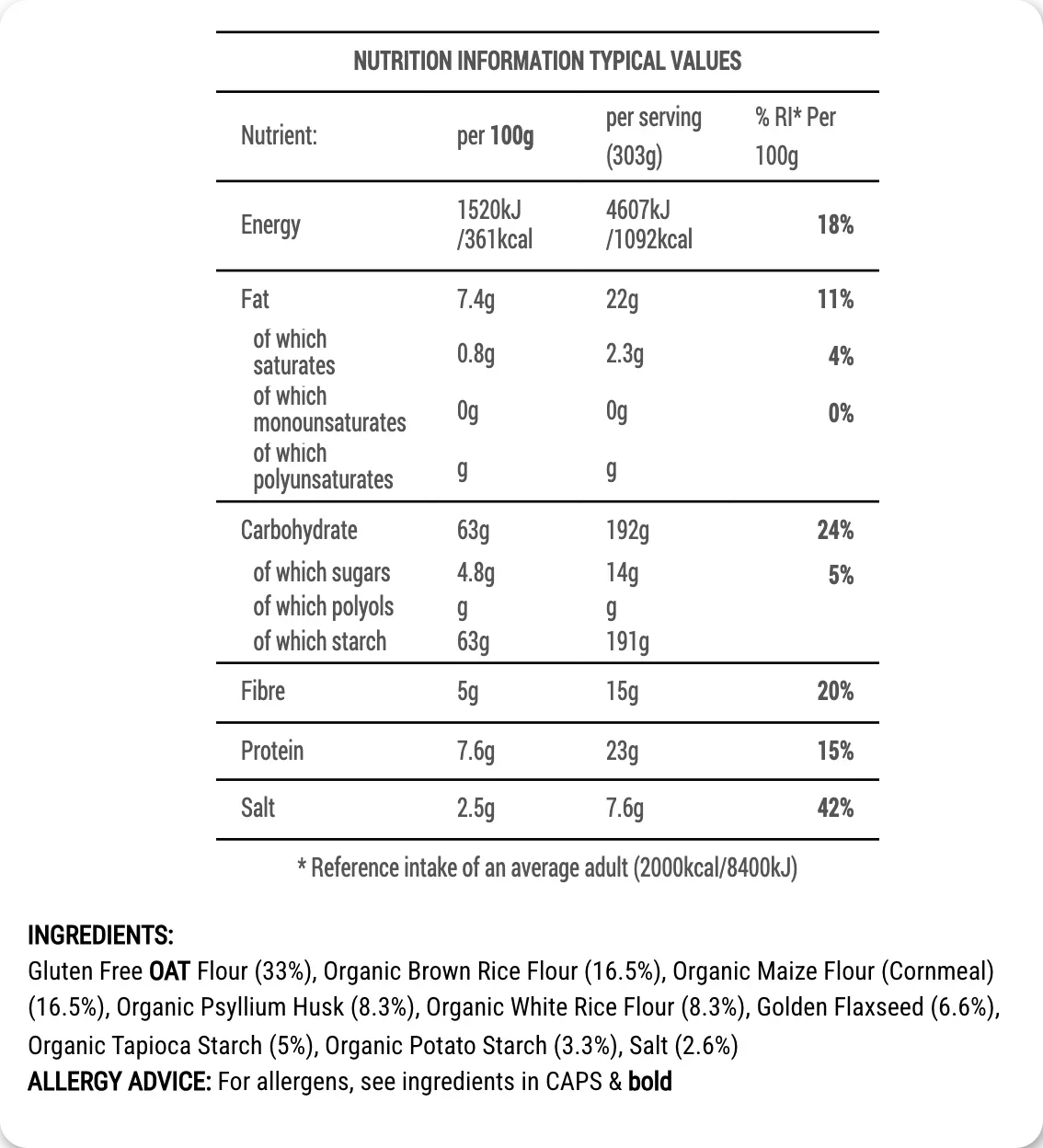 Nutrition information table for a food product with details on energy, fat, carbohydrates, protein, and salt content.