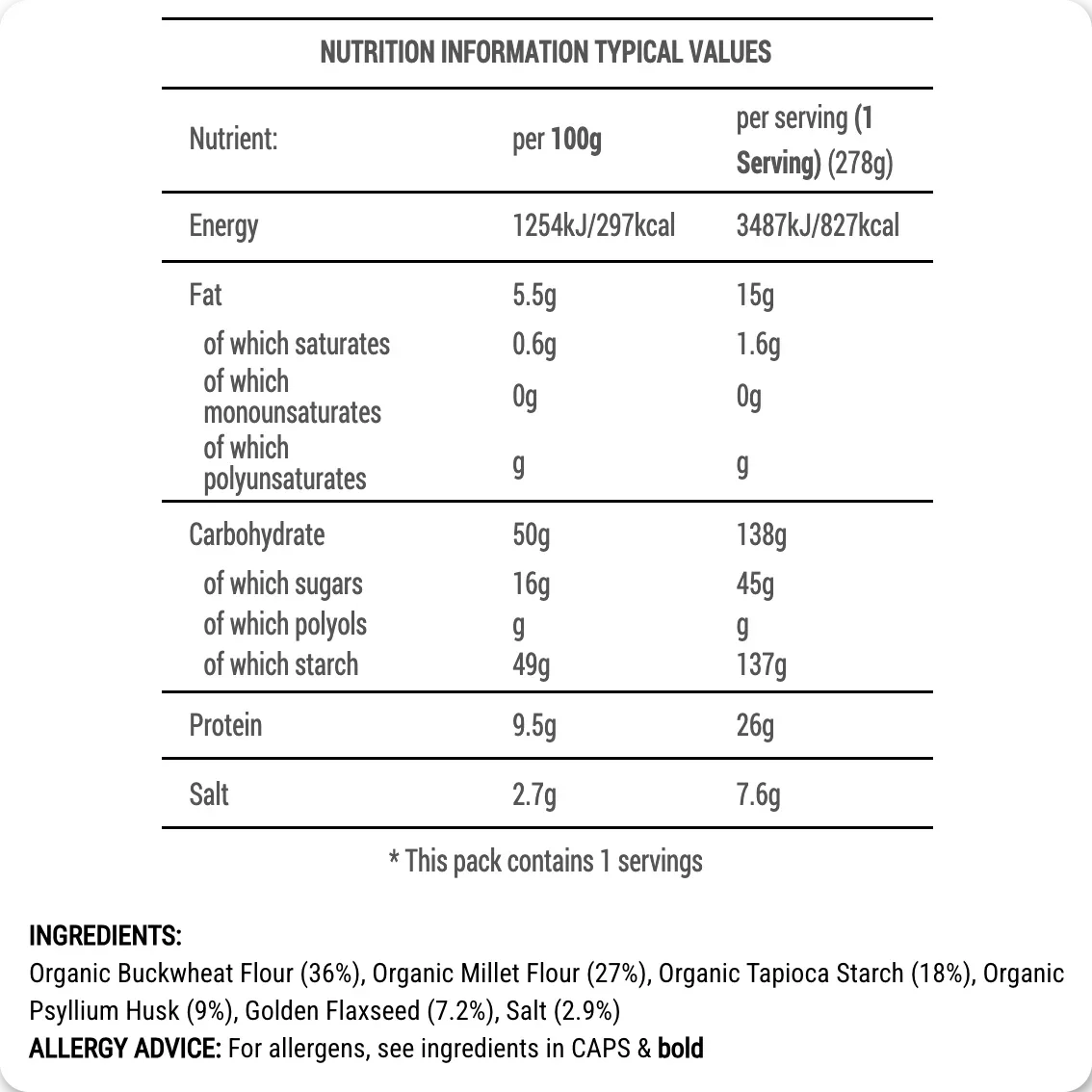 Nutrition information table for a food product with details on energy, fat, carbohydrate, protein, and salt content.