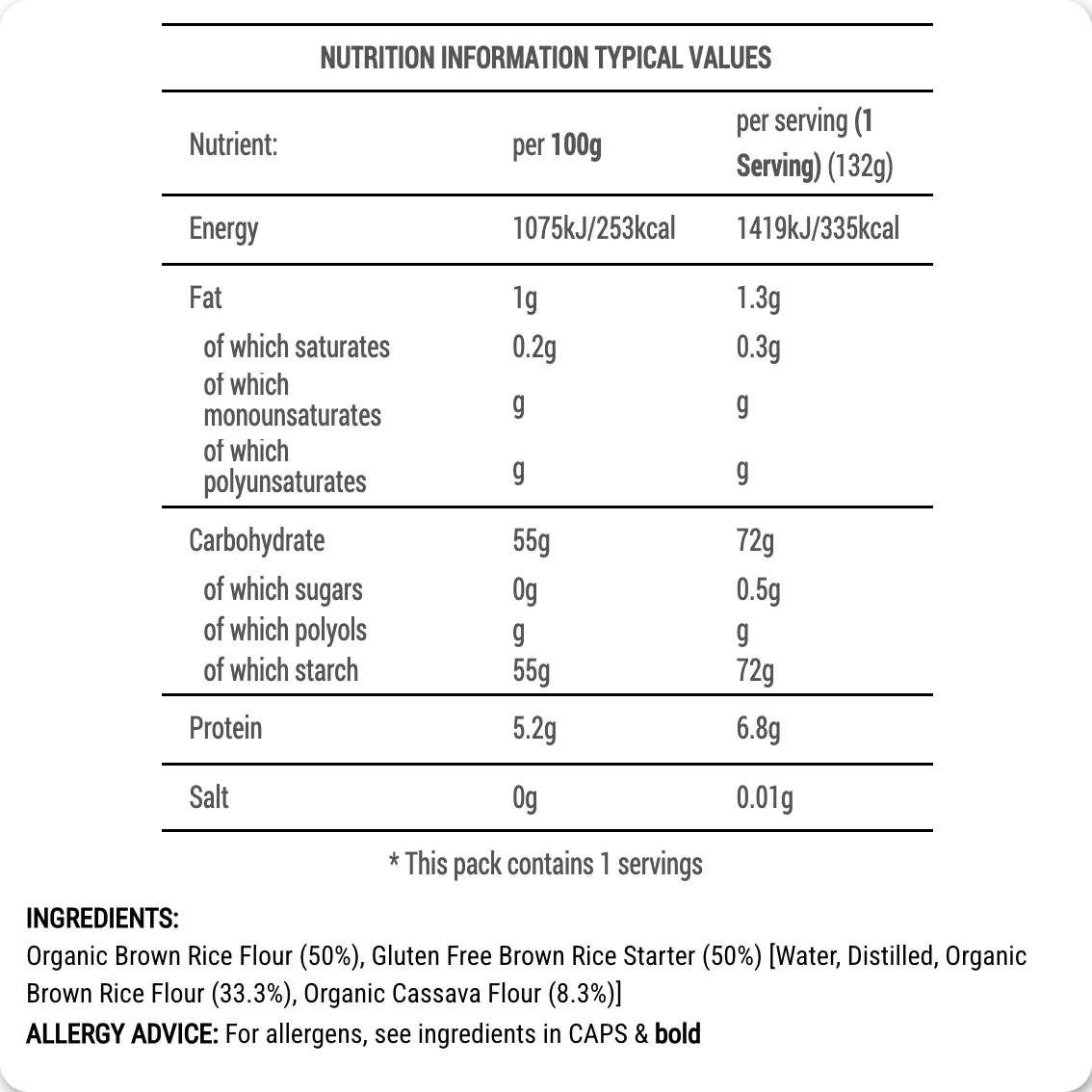Nutrition information table for a food product with details on energy, fat, carbohydrate, protein, and salt content.
