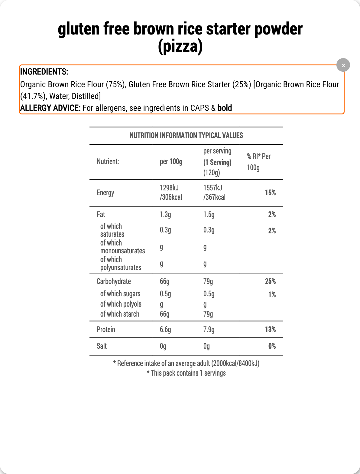 Nutritional information and ingredient list for gluten-free brown rice starter powder pizza on a white background.