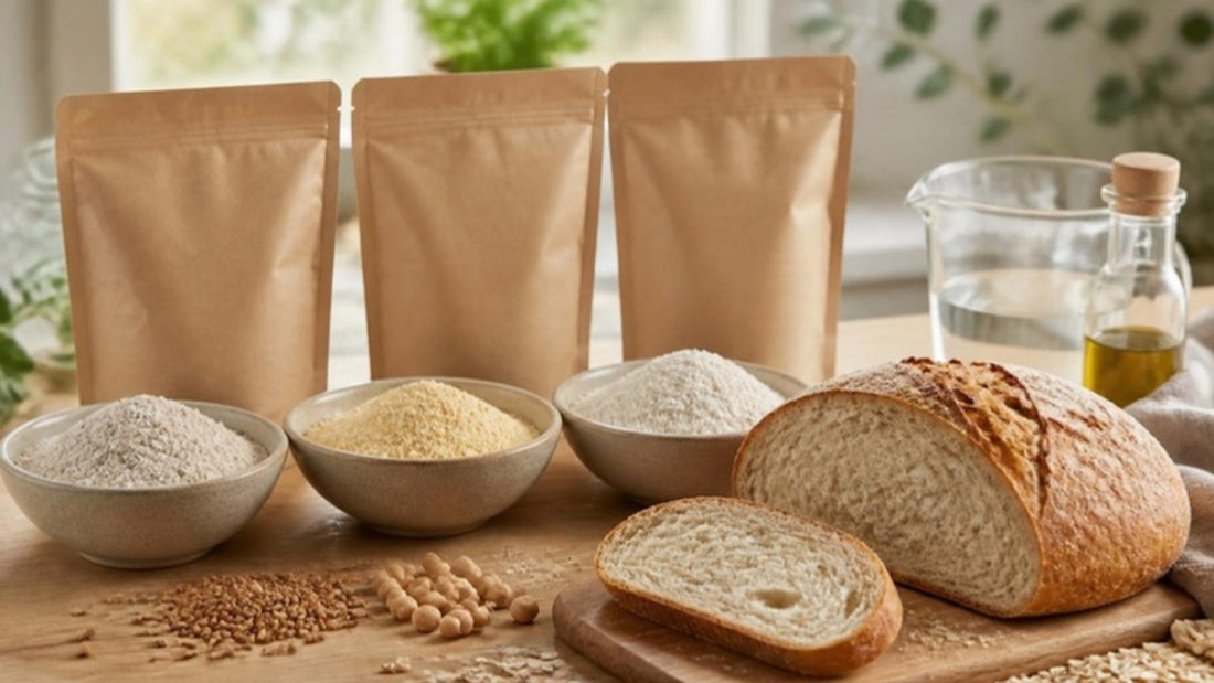 Bowls of buckwheat, chickpea and oat flour with sealed kraft pouches and a sliced gluten-free sourdough loaf