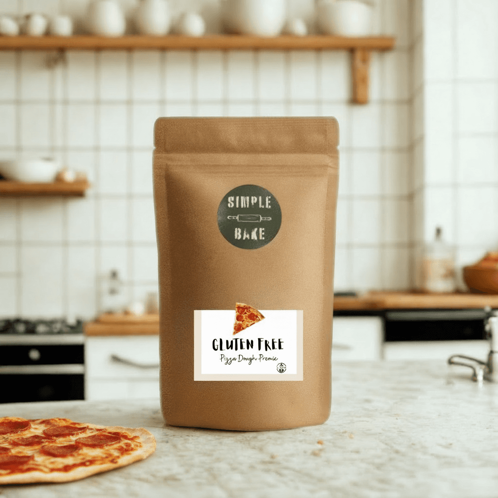 Bag of gluten-free pizza dough mix with a pizza on a kitchen counter