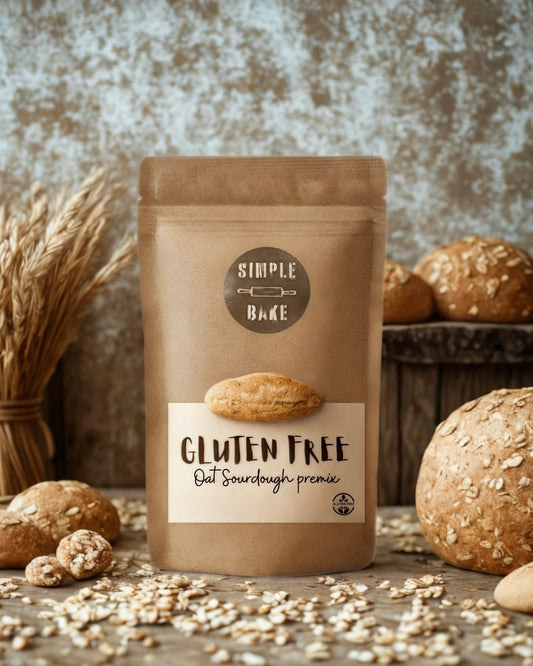 Gluten-free oat sourdough premix package with oat and bread in the background