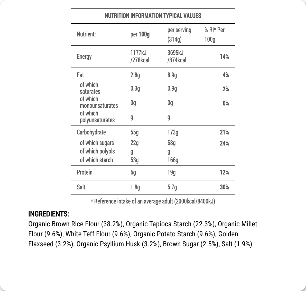 Nutrition information table with typical values for a food product, including energy, fat, carbohydrates, protein, and salt content.