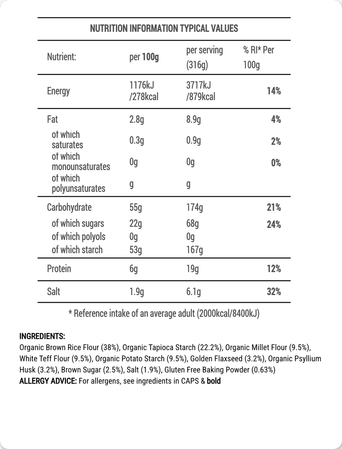 Nutrition information table for a food product with details on energy, fat, carbohydrates, protein, and salt content.