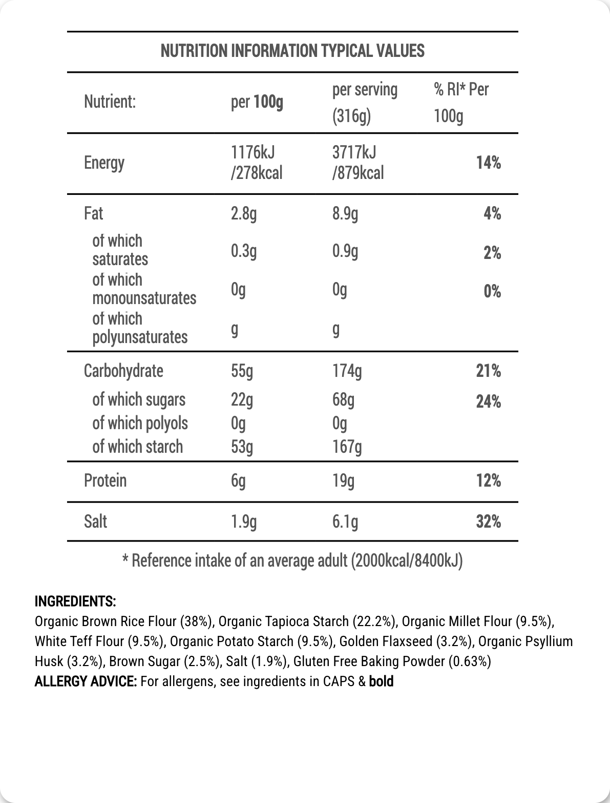 Nutrition information table for a food product with details on energy, fat, carbohydrates, protein, and salt content.